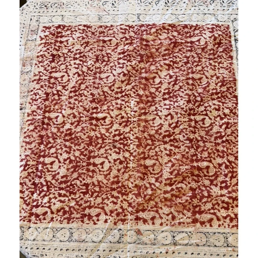 Vintage Indian Block Print Floral Tablecloth Border Black Burgundy Square 44